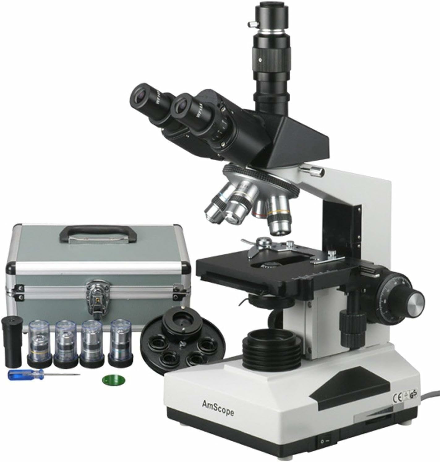 AmScope T490A-PCT Compound Trinocular Microscope with Phase-Contrast Turret, WF10x and WF16x Eyepieces, 40X-1600X Magnification, Brightfield/Darkfield, Halogen Illumination, Abbe Condenser, Double-Layer Mechanical Stage, Sliding Head, High-Resolution Opti