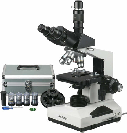 AmScope T490A-PCT Compound Trinocular Microscope with Phase-Contrast Turret, WF10x and WF16x Eyepieces, 40X-1600X Magnification, Brightfield/Darkfield, Halogen Illumination, Abbe Condenser, Double-Layer Mechanical Stage, Sliding Head, High-Resolution Opti
