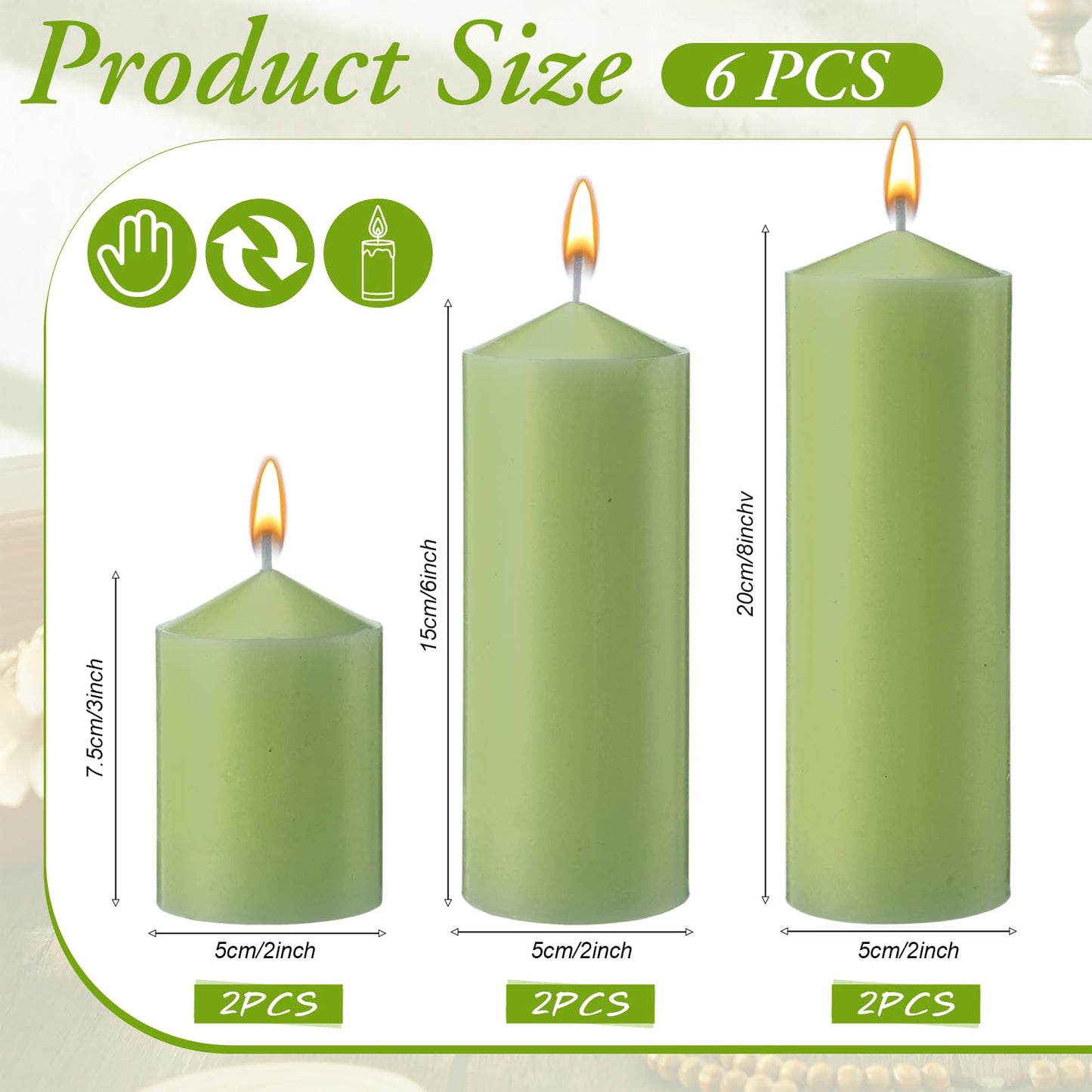 MTLEE 6 Pcs Pillar Candles 3 Set 2 in x 3, 6, 8 Inch Smokeless Dripless Unscented Pillar Candles Long Clean Wax for Wedding Dinner Party Spa Emergency Ceremony Home Decor (Green)