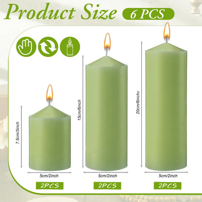 MTLEE 6 Pcs Pillar Candles 3 Set 2 in x 3, 6, 8 Inch Smokeless Dripless Unscented Pillar Candles Long Clean Wax for Wedding Dinner Party Spa Emergency Ceremony Home Decor (Green)