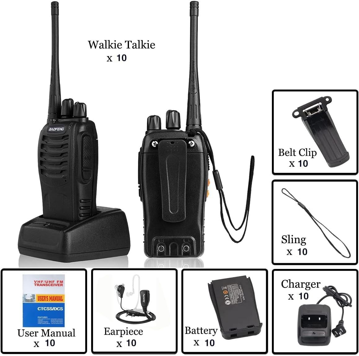 BAOFENG BF-888S Walkie Talkies for Adults Rechargeable Long Range 16 Channel Professional Walky Talky and Security Headphones Flashlight Li-ion Battery and Charger (10 Pack)