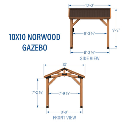 Backyard Discovery Norwood 10' x 10' Cedar Wood Outdoor Gazebo Pavilion with Hardtop Galvanized Steel Peak Roof, Snow Support, Wind Resistance, PowerPort, Shade for Garden, Patio, Deck, Entertaining