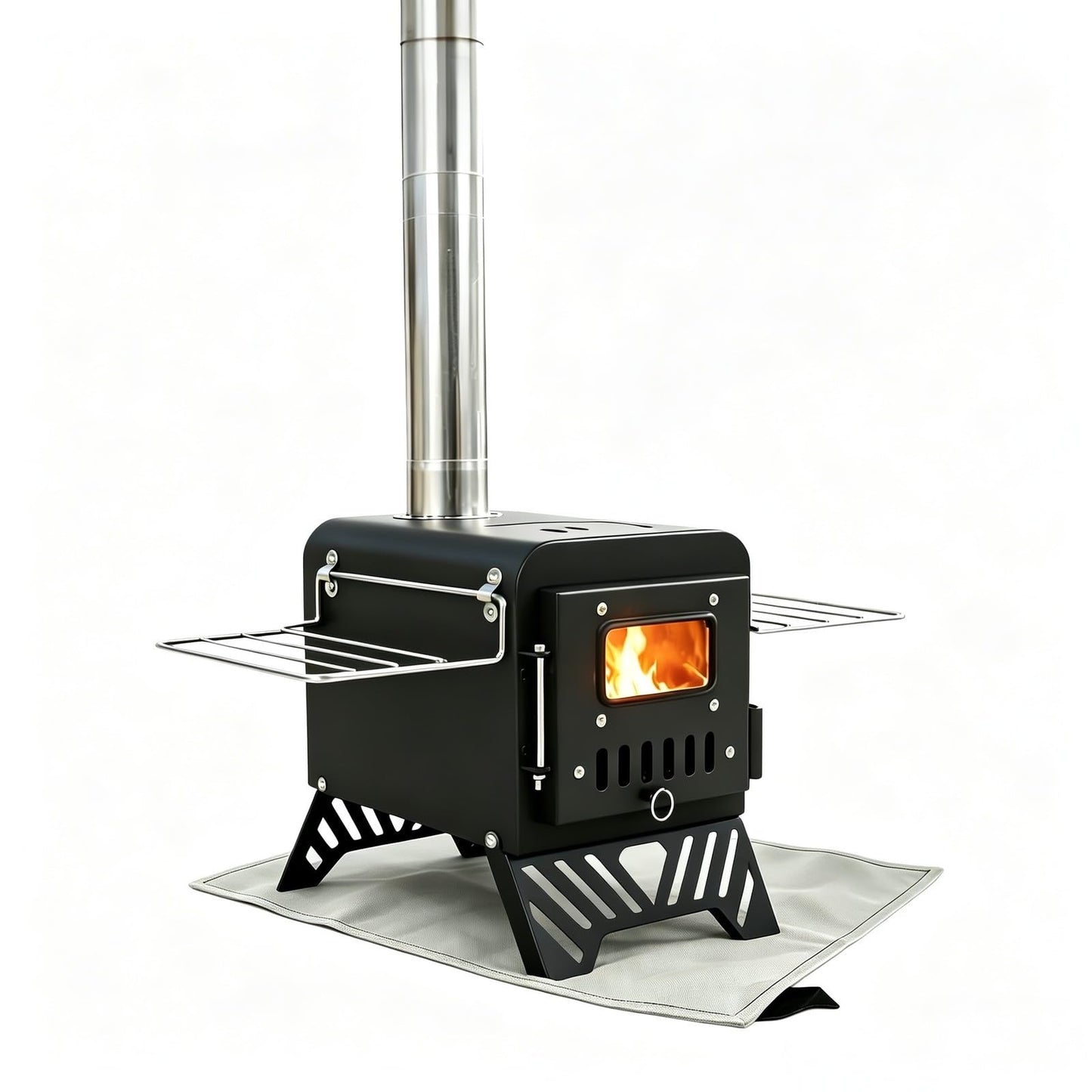 steladomus 4.66ft Mini Wood Burning Stove Kit with Fire Mat, Hook, Window and Chimney, Portable Camping Stove Compact into Car Trunk and Carriable with Side Racks for RV Trip and Outdoor Gatherings