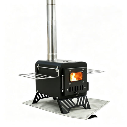 steladomus 4.66ft Mini Wood Burning Stove Kit with Fire Mat, Hook, Window and Chimney, Portable Camping Stove Compact into Car Trunk and Carriable with Side Racks for RV Trip and Outdoor Gatherings