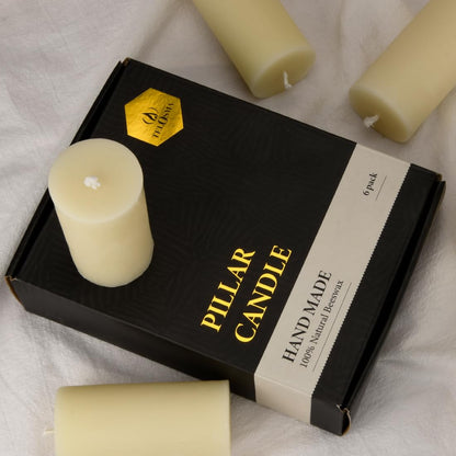 Natural Beeswax Pillar Candle 2x4 inch in Bulk, Smokeless and Long Lasting (22-27 Hours) Pure Beeswax Candle, Natural Unscented, 6 Pack - Off White