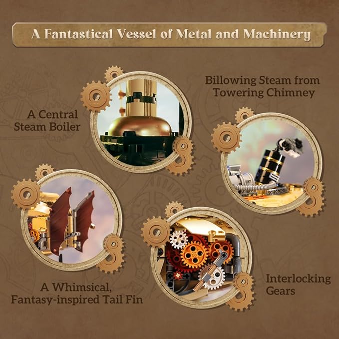 PANTASY Steampunk Airship Model Kit for Adults Dual-Layer Zeppelin with Gear-Driven Mechanical System DIY Building Blocks Set Retro Sci-Fi Construction Toy for Collectors &amp Display
