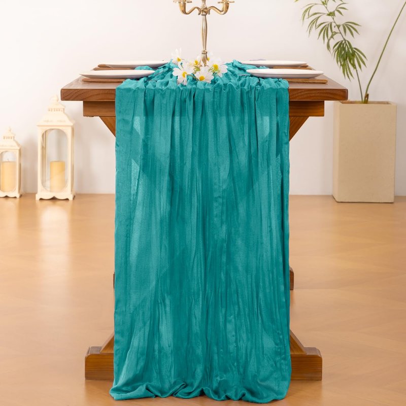 Socomi Teal Blue Easter Spring Cheesecloth Table Runner Boho Rustic Gauze 120 inch 10FT Cheese Cloth Runner for Wedding Party Baby Shower Birthday Home Decor