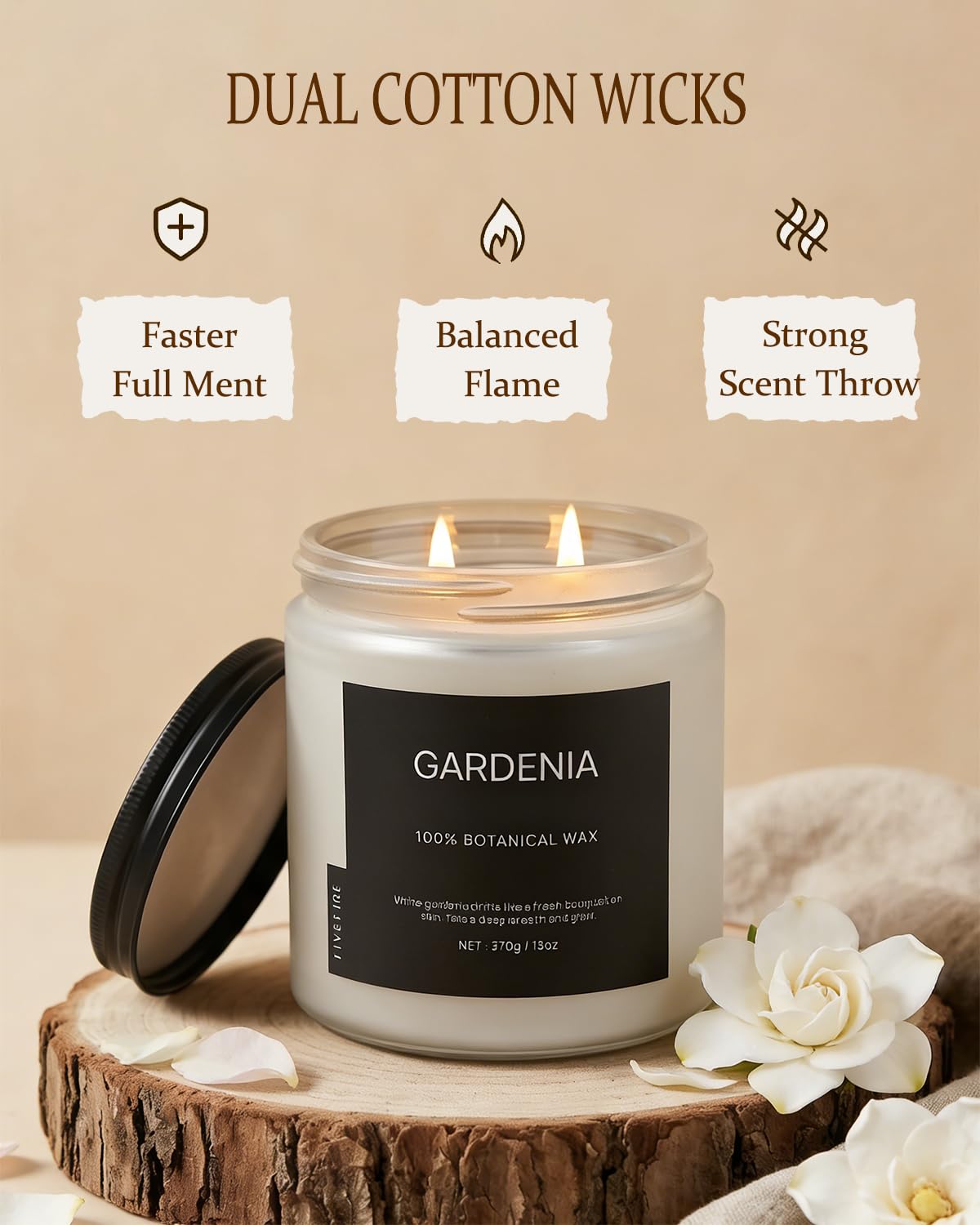 Gardenia Home Scented Candles, 13oz Organic Soy Wax, 76-Hour Clean Burning, Natural Candles Non Toxic, White Floral Scent for Relaxation, Aromatherapy Housewarming Candle for Men Women
