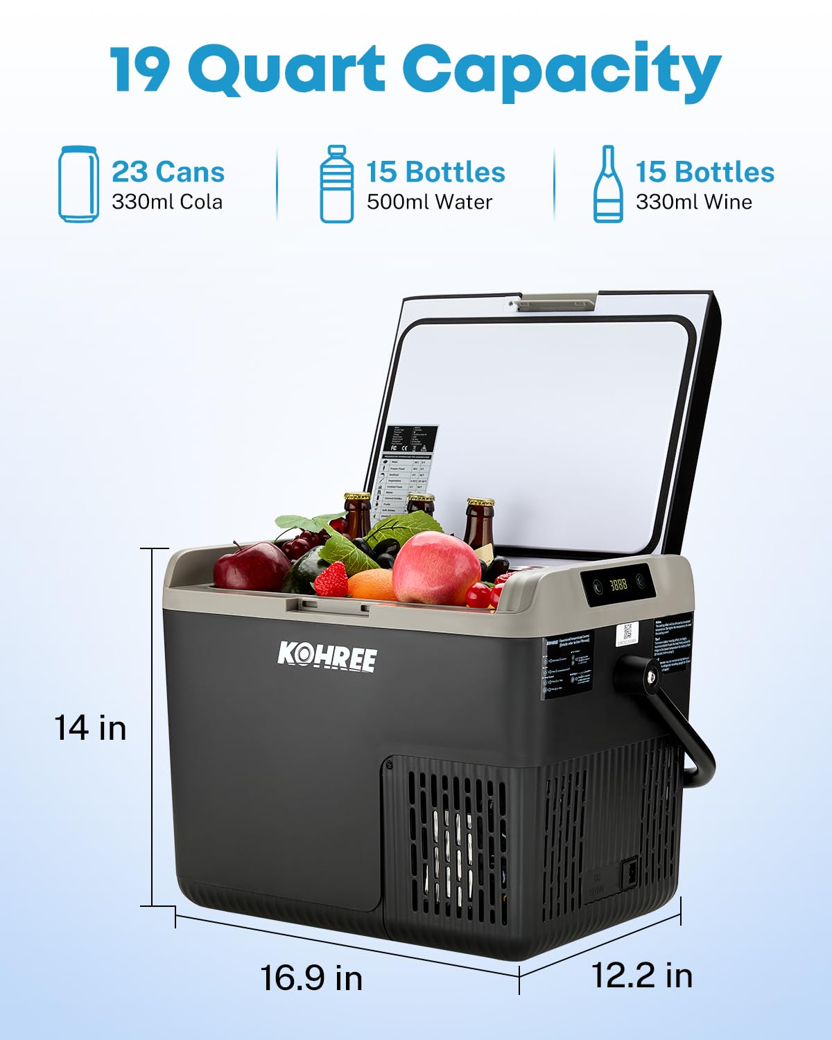 Kohree 12 Volt Car Refrigerator, 19QT(18L) Car Fridge with Large Handle, -4℉~68℉ 12V Electric Cooler 12/24V DC 12/24V DC, 110-240V AC Compressor Portable Freezer for Camping Road Trips Travel