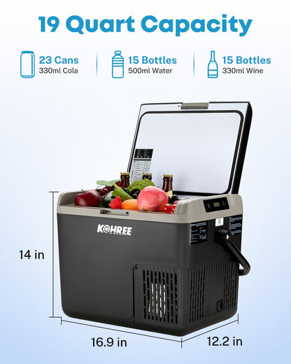 Kohree 12 Volt Car Refrigerator, 19QT(18L) Car Fridge with Large Handle, -4℉~68℉ 12V Electric Cooler 12/24V DC 12/24V DC, 110-240V AC Compressor Portable Freezer for Camping Road Trips Travel