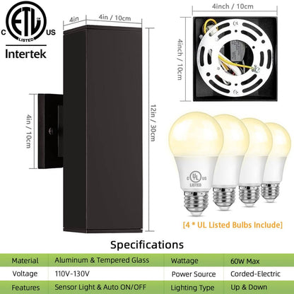 KIZON Outdoor Wall Lights, Dusk to Dawn Sensor, 2 Pack, Aluminum, Oil Rubbed Bronze Finish, Model K213