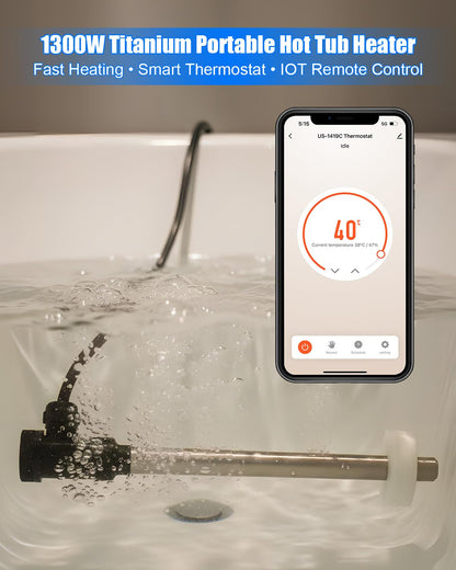 Submersible Portable Hot Tub Heater 1300W, Titanium Immersion Water Heater with Smart Thermostat, IOT Remote Control, Fast Heating for Hot Tubs,Spa Tubs, baptismal, Inflatable Pools & Above Ground