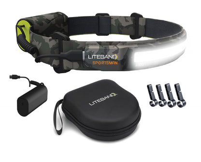 Liteband PRO Bundle 1000 Lumens LED Headlamp Rechargeable Battery Powered, Bright Tactical Head Lamp Flashlight Hard Hat Light, Mechanic Lamps, Camping, Running, Best Rated For Forehead, Camo