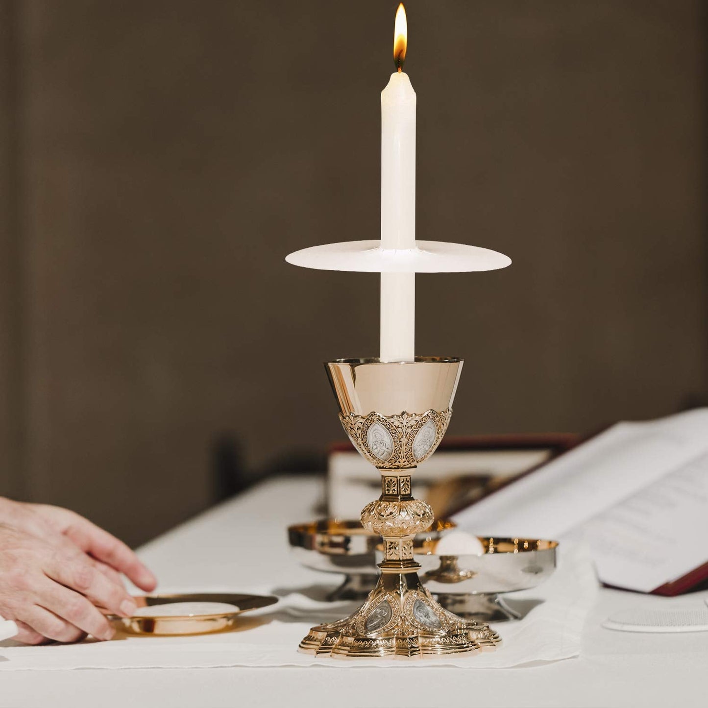 Church Candles with Drip Protectors for Devotional Candlelight Vigil Service, Box of 50 Candles, Unscented White 5" H X 1/2" D