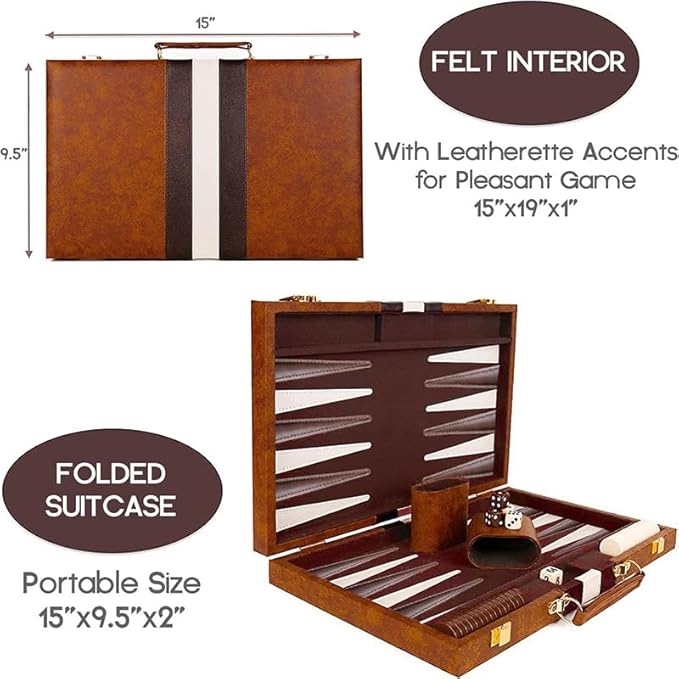 15inch Backgammon Set Classic Folding Board with Leather Case Portable Travel Game Ideal Gift Package for Strategy Lovers