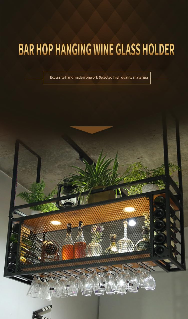 MKOEIY Wall Mounted Wine Rack Dual Wood Shelves 2 in 1 Industrial Metal Frame Wine Bar Rack, Ceiling or Wall Mount, Customizable Spotlight System (Bulbs Not Included)