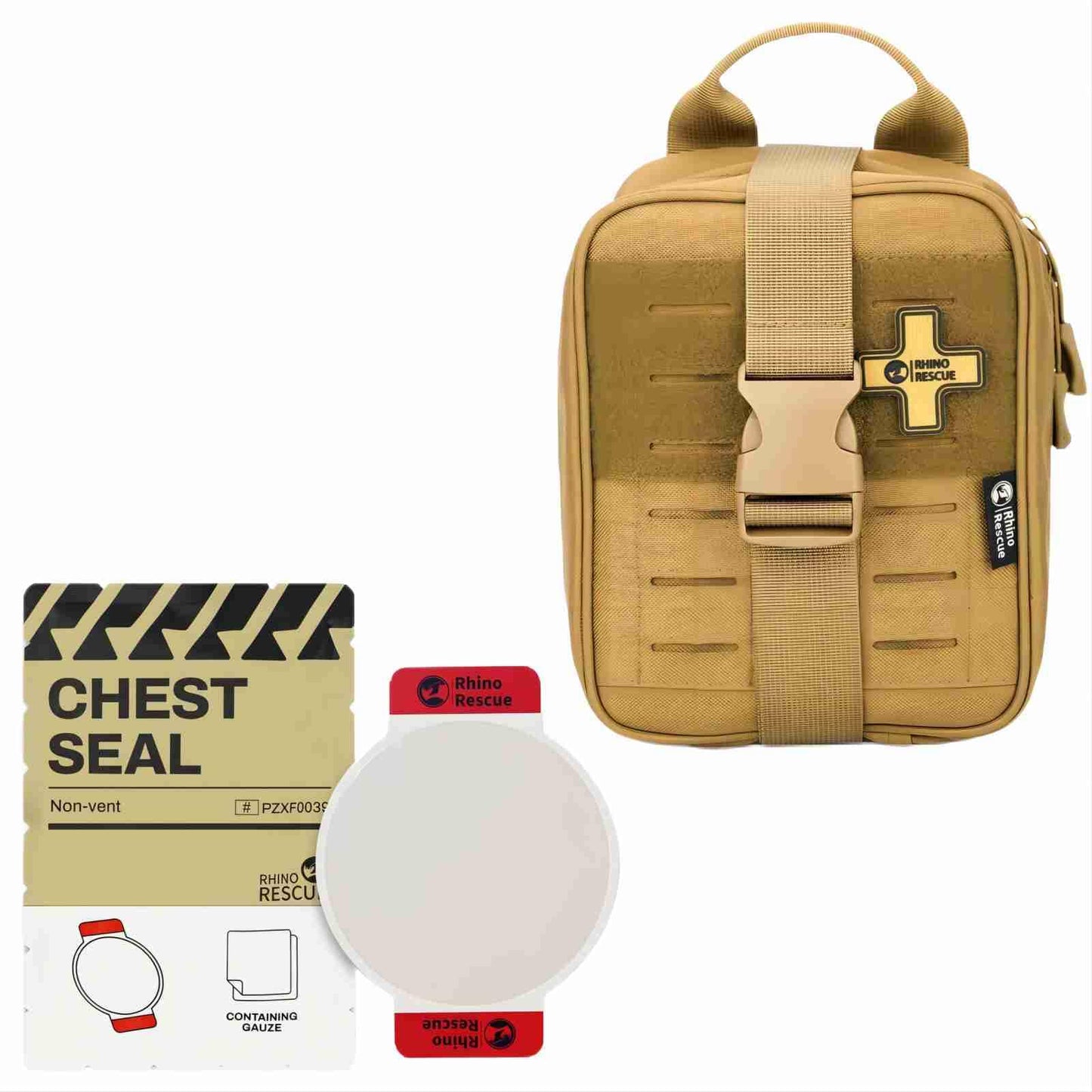 RHINO RESCUE Bundle- Non-Vented Chest Seal, IFAK Emergency Trauma Dressing+IFAK Trauma Kit, Tactical First Aid Kit Molle Pouch for Military， Coyote Brown