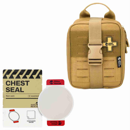 RHINO RESCUE Bundle- Non-Vented Chest Seal, IFAK Emergency Trauma Dressing+IFAK Trauma Kit, Tactical First Aid Kit Molle Pouch for Military， Coyote Brown