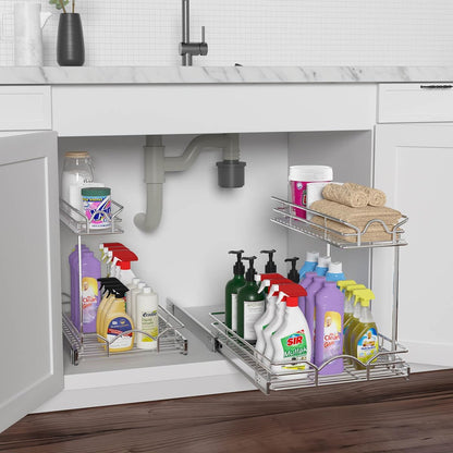 OCG Under Sink Cabinet Organizer - Two Tier Pull Out Shelf for Kitchen & Bathroom (14.75"W x 17"D)