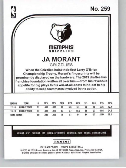 2019-20 Panini Hoops #259 Ja Morant Memphis Grizzlies RC Rookie NBA Basketball Trading Card