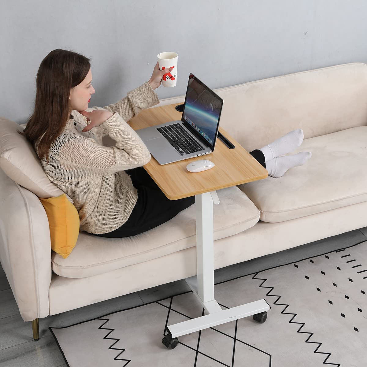 Furist Overbed Beside Table,Bed Desk,Hospital Bedside Table,Pneumatic Mobile Laptop Computer Standing Desk Cart with Tray