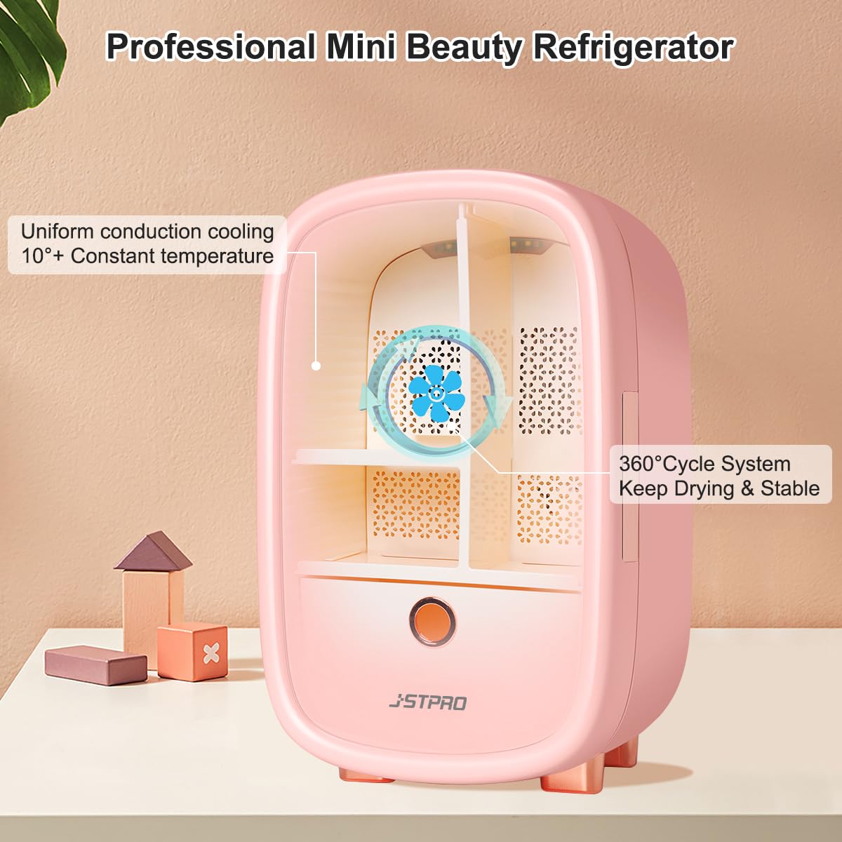 JSTPRO Skincare Fridge, 6L Pink Makeup Fridge with Dimmable LED Light Mirror, Portable for Bedroom, Car, Office & Dorm