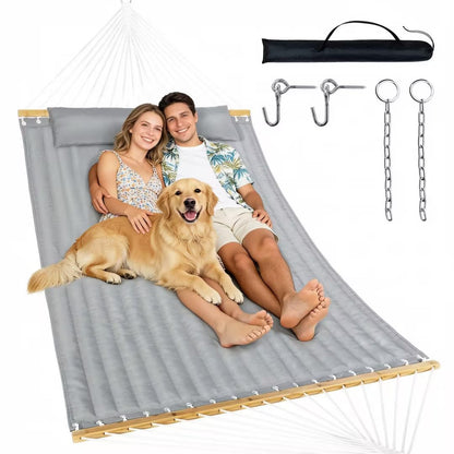 Everyfun Double Hammock with Spreader Bar & Pillow, Portable 500lbs Capacity for Outdoor, Camping, Patio, Backyard Relaxation,Gray