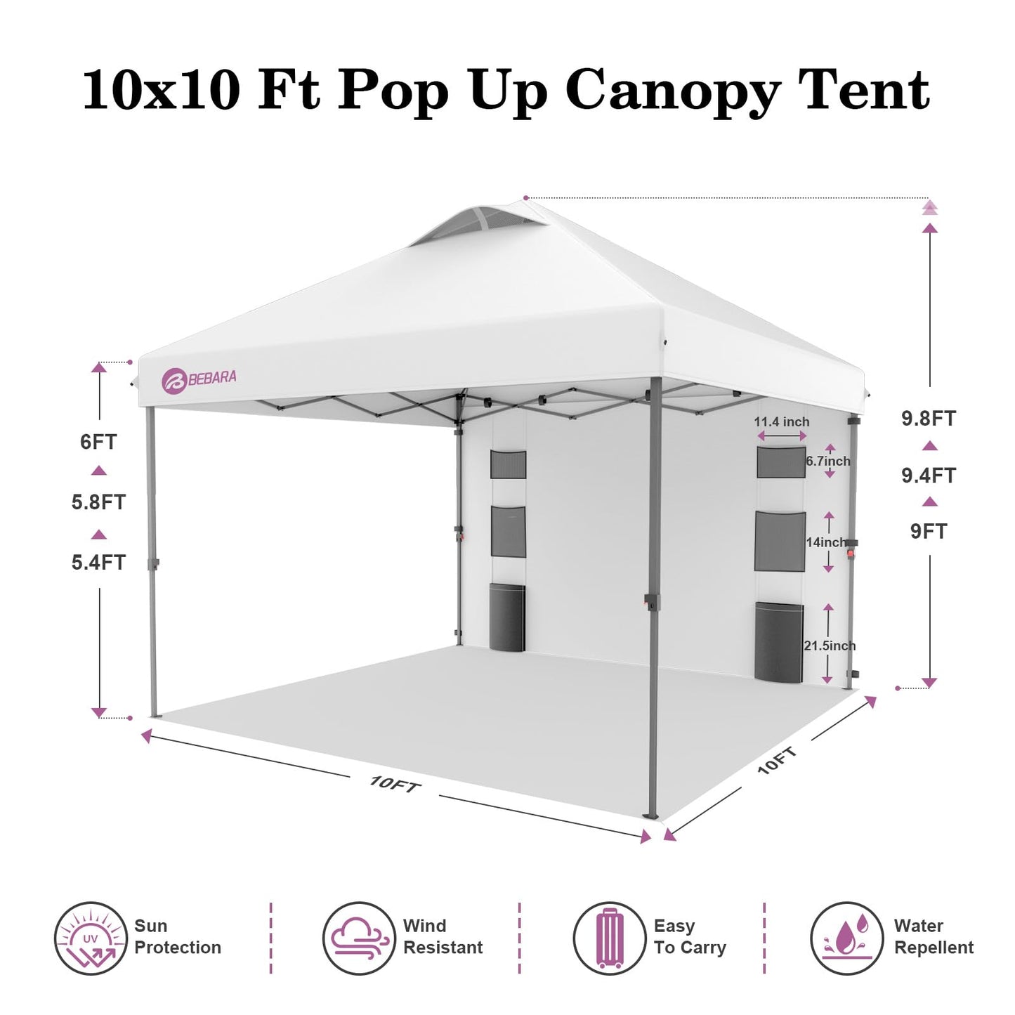 Bebara 10x10 Pop Up Canopy with Sidewall, One-Person One-Minute Setup - Sturdy Frame, UV & Water Resistant Canopy Tent w/Wheeled Carry Bag for Beach, Patio, Camping & Events