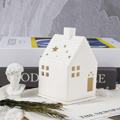 Tea Light House | Ceramic White Decorative Lantern - Removable Two-Part Design for LED Lights