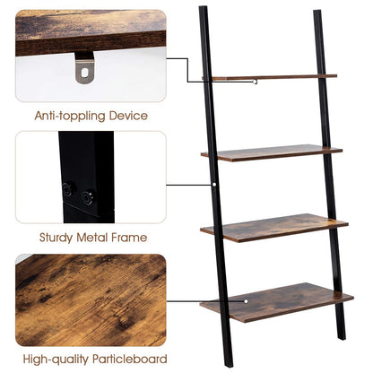 Tangkula Industrial 4-Tier Ladder Shelf, Leaning Against The Wall Bookshelf for Living Room Office, Multipurpose Storage Rack Shelves with Metal Frame, Plant Flower Stand (Rustic Brown)