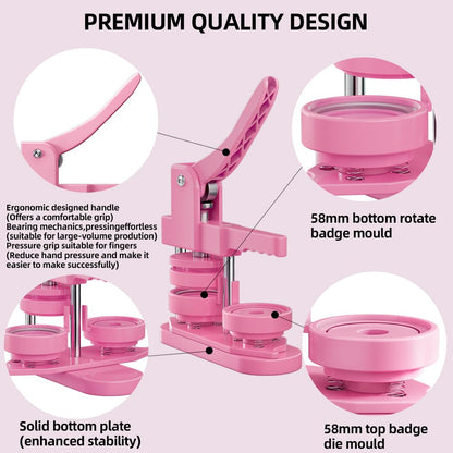 FreeingBAG Button Maker Machine 58mm - (3 Gen) Installation-Free (2.25in) DIY Badge Button Maker Press Machine Badge Punch Press with 100pcs Button Parts Pictures (Pink, 2.25 inch / 58mm)