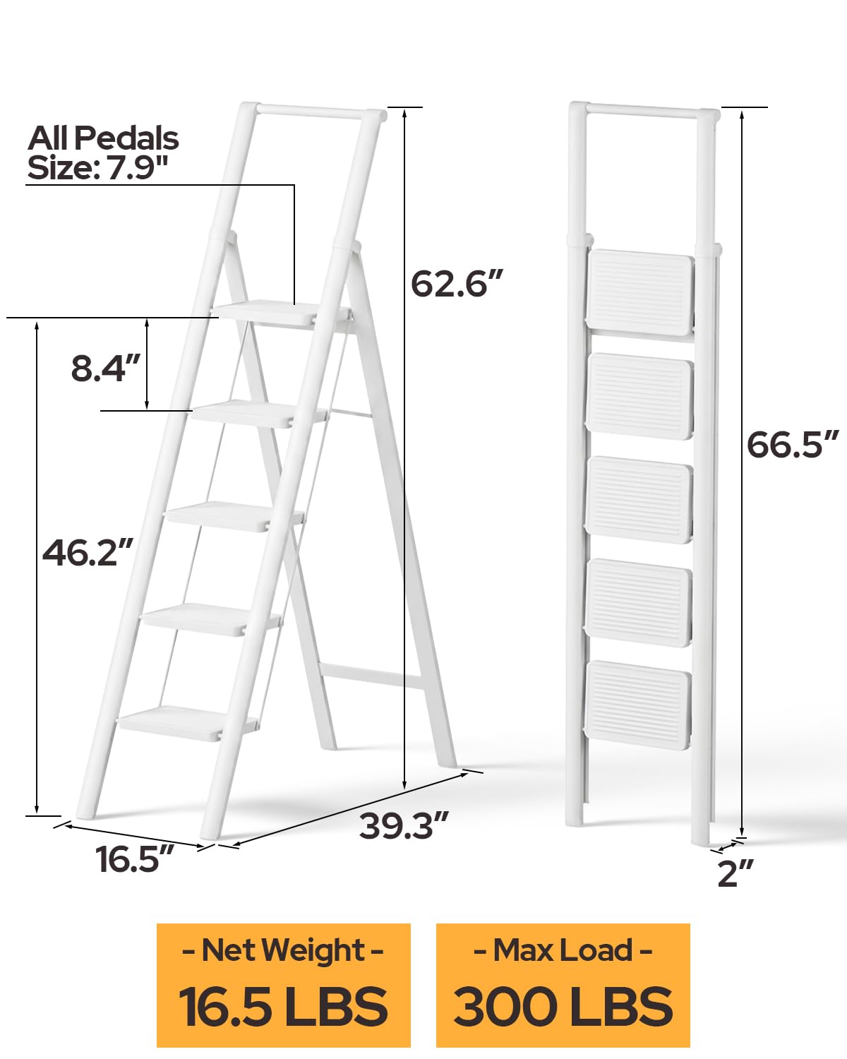 GameGem 5 Step Ladder for 10 Feet High Ceiling, Folding Step Stool Stepladders with Anti-Slip and Wide Pedal for Home and Kitchen Use Space Saving (White)
