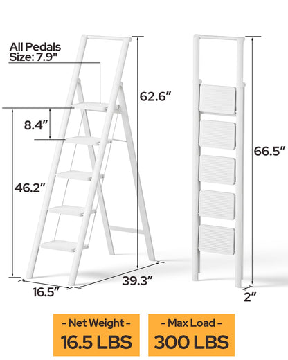GameGem 5 Step Ladder for 10 Feet High Ceiling, Folding Step Stool Stepladders with Anti-Slip and Wide Pedal for Home and Kitchen Use Space Saving (White)