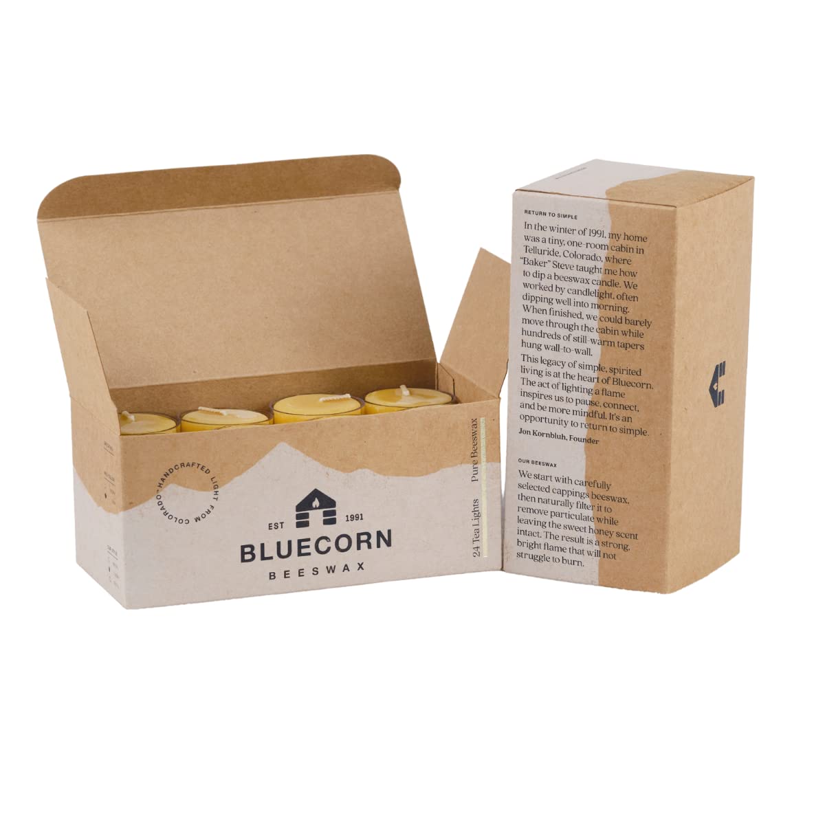 Bluecorn Beeswax Tea Light Candles, 100% Pure Natural Bees Wax, Yellow Tea Lights, Fragrance Free, Paraffin & Soy Free Candle Wax, Clean Burning, Long Lasting (4-5 Hrs), American Made, 24 Pack