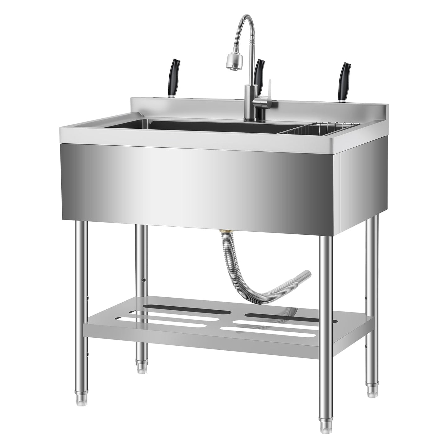Garvee 36" Stainless Steel Utility Sink Workstation with Faucet, Adjustable Height Freestanding Sink with Storage Drawer, Knife Rack, Hooks & Drain Kit for Kitchen, Laundry, Garage, or Outdoor Use