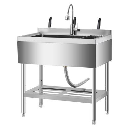 Garvee 36" Stainless Steel Utility Sink Workstation with Faucet, Adjustable Height Freestanding Sink with Storage Drawer, Knife Rack, Hooks & Drain Kit for Kitchen, Laundry, Garage, or Outdoor Use