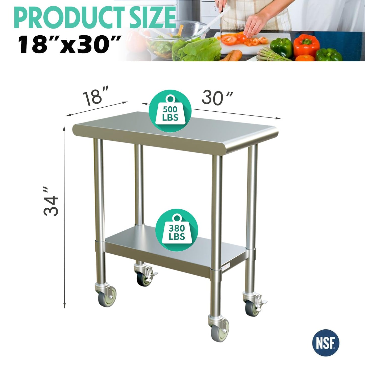 STABLEINK NSF Stainless Steel Small Table 18x30 Inches with Wheels, Metal Prep & Work Table with Adjustable Undershelf, for Commercial Kitchen, Restaurant, Hotel and Garage