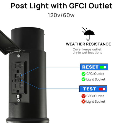 Outdoor Post Light with GFCI Outlet, Dusk to Dawn Aluminum Pole Lantern with Built-In Weatherproof Socket, IP65 Waterproof Post Light Fixture with Clear Glass Shade, Black for Yard Pathway Garden