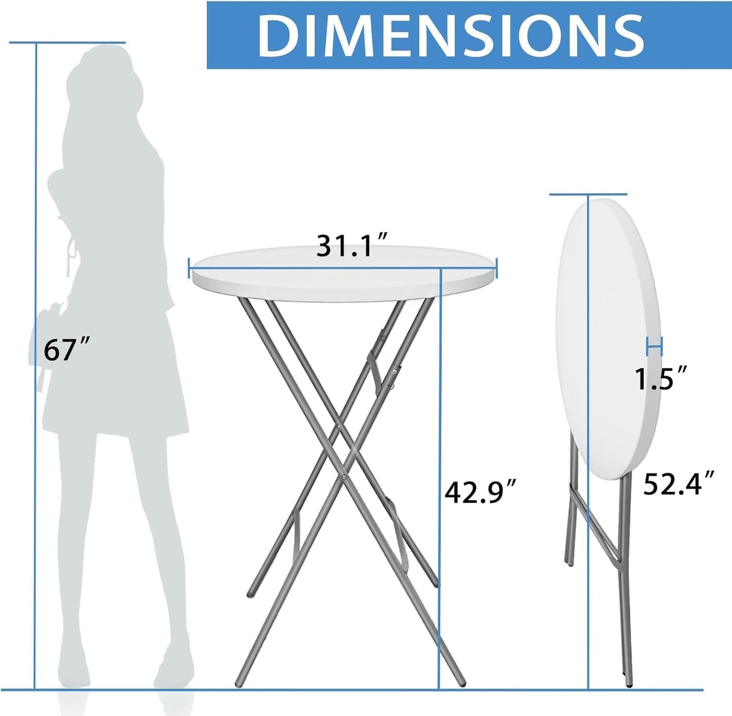 HiEthan 32in Cocktail Table, Plastic Folding Round High Top Indoor Outdoor Use, Foldable Bar Height Table for Parties and Commercial Events (White, 2 Pcs)
