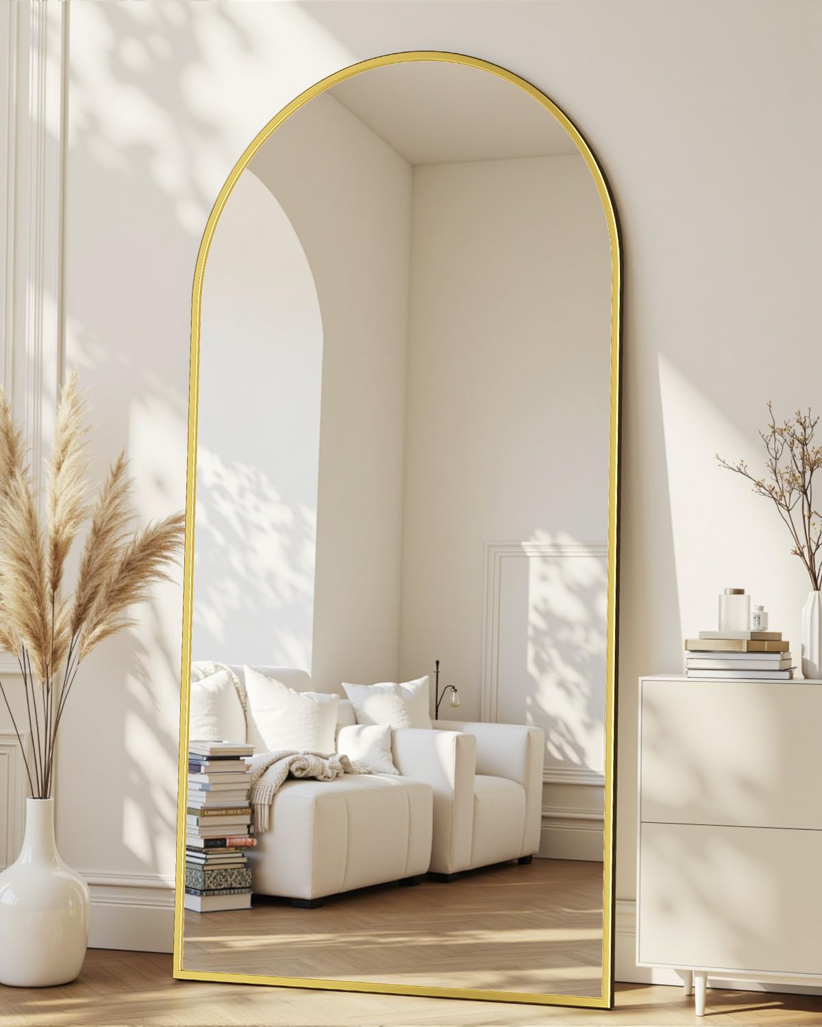 Coomily Full-Length Floor Mirror with Stand, 82"x44" Arched Style Full Body Standing Mirror for Bedroom, Living Room, Gym, Dorm - Shatter-Resistant & Easy Assembly, Gold