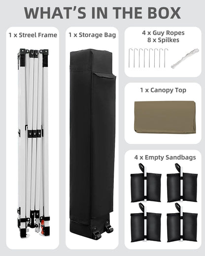 10x10 Pop Up Canopy with One Button Push Setup - Heavy Duty Outdoor Canopy Tent with Portable Roller Bag - 3 Adjustable Height, 4 Weight Bags, 8 Stakes & 4 Guy Ropes Included, Khaki