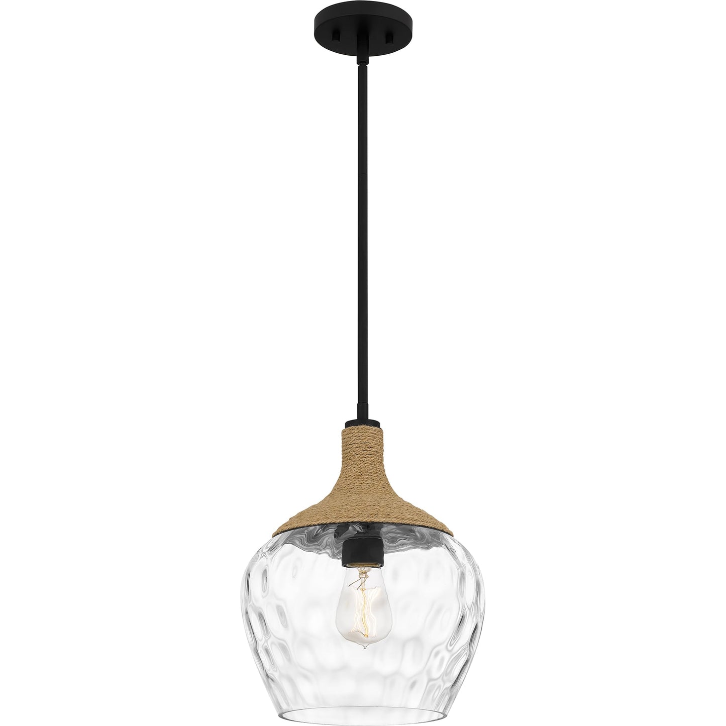 Quoizel Royer 1-Light Mini Pendant, Matte Black, Clear Water Glass with Rope Detail, Coastal Hanging Light for Kitchen, Bedroom or Bar