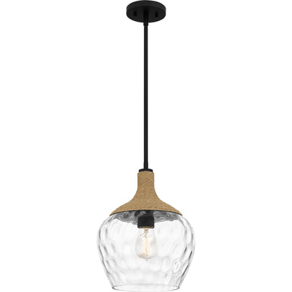 Quoizel Royer 1-Light Mini Pendant, Matte Black, Clear Water Glass with Rope Detail, Coastal Hanging Light for Kitchen, Bedroom or Bar