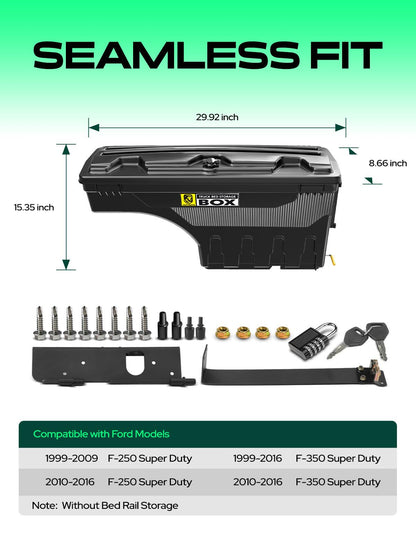 YHTAUTO Truck Bed Storage Tool Box Lockable Compatible with 1999-2016 Ford F-250 F-350 Super Duty, Passenger Side, Without Bed Rail Storage, Swing Waterproof Wheel Well Toolbox