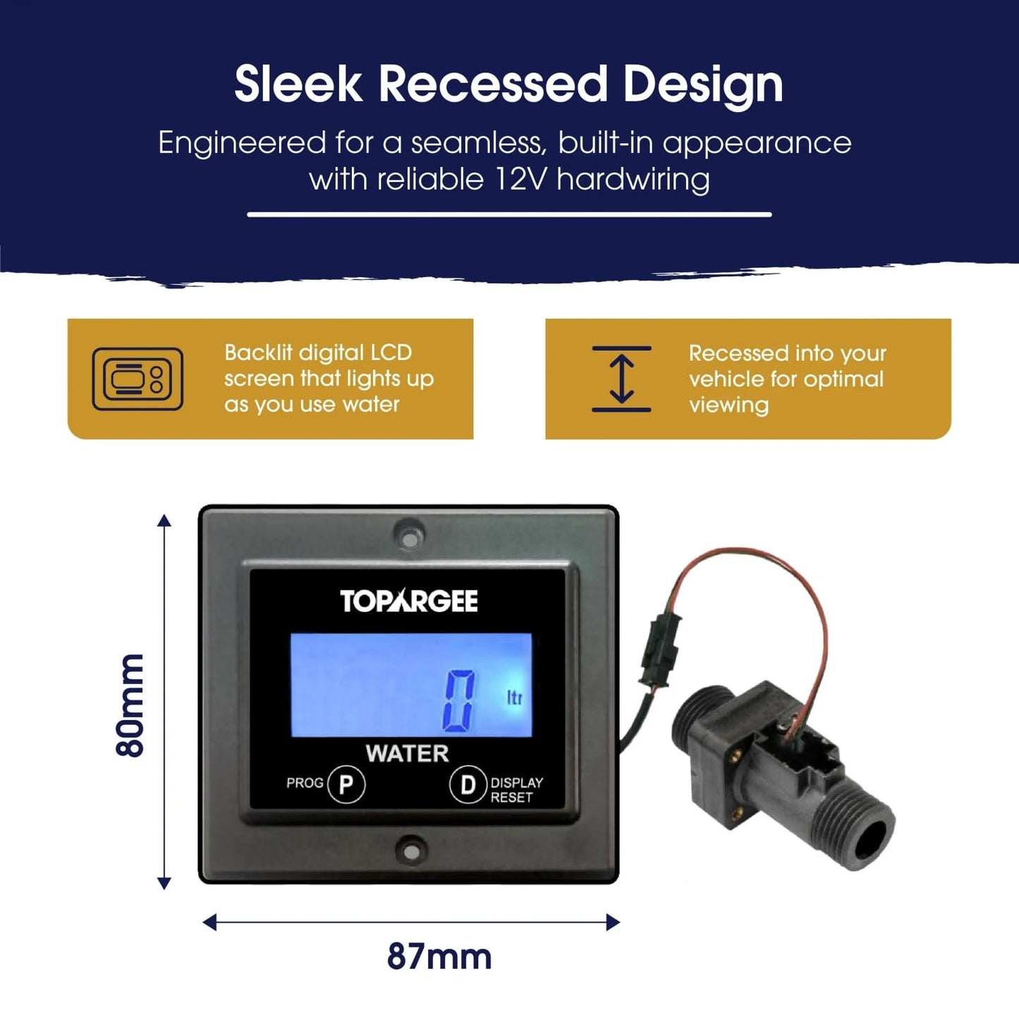 Topargee Flush Mount Water Tank Gauge - Real-Time RV, Caravan & Boat Accessory Water Level Monitor - Accurate Flow Meter (Liter/Gallon) - Backlit LCD Display - Easy Install, No Tank Insertion Required