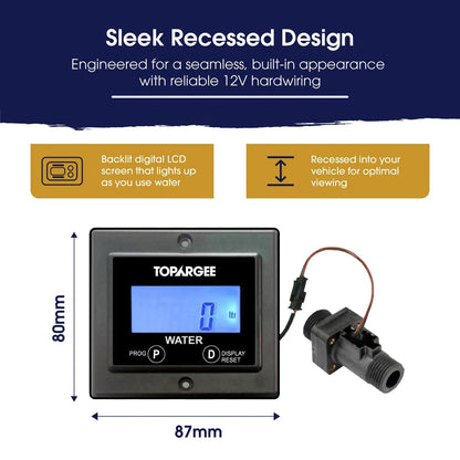 Topargee Flush Mount Water Tank Gauge - Real-Time RV, Caravan & Boat Accessory Water Level Monitor - Accurate Flow Meter (Liter/Gallon) - Backlit LCD Display - Easy Install, No Tank Insertion Required