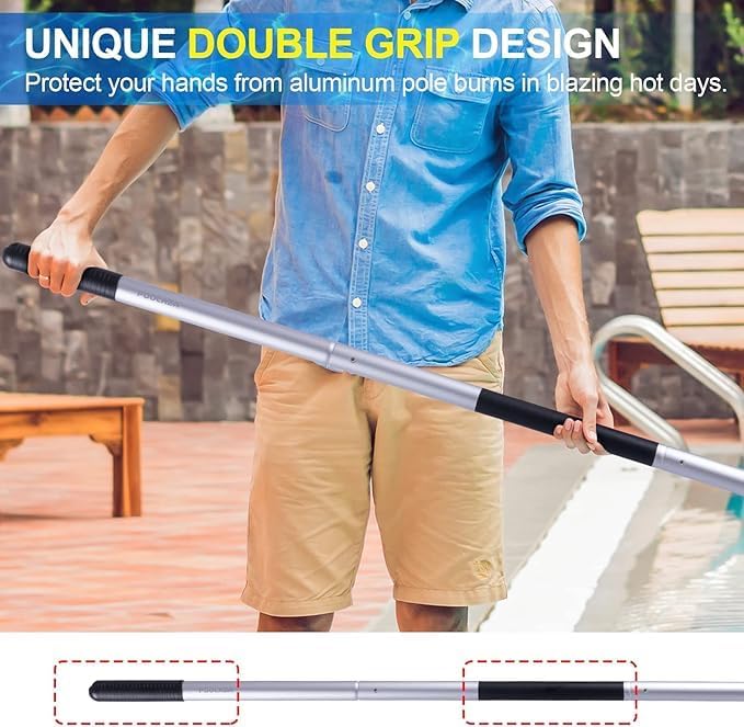 POOLAZA Pool Pole - Dual-Handle Anodized Aluminum Skimmer Pole, Telescopic Up to 10.5 Ft for Easy Cleaning