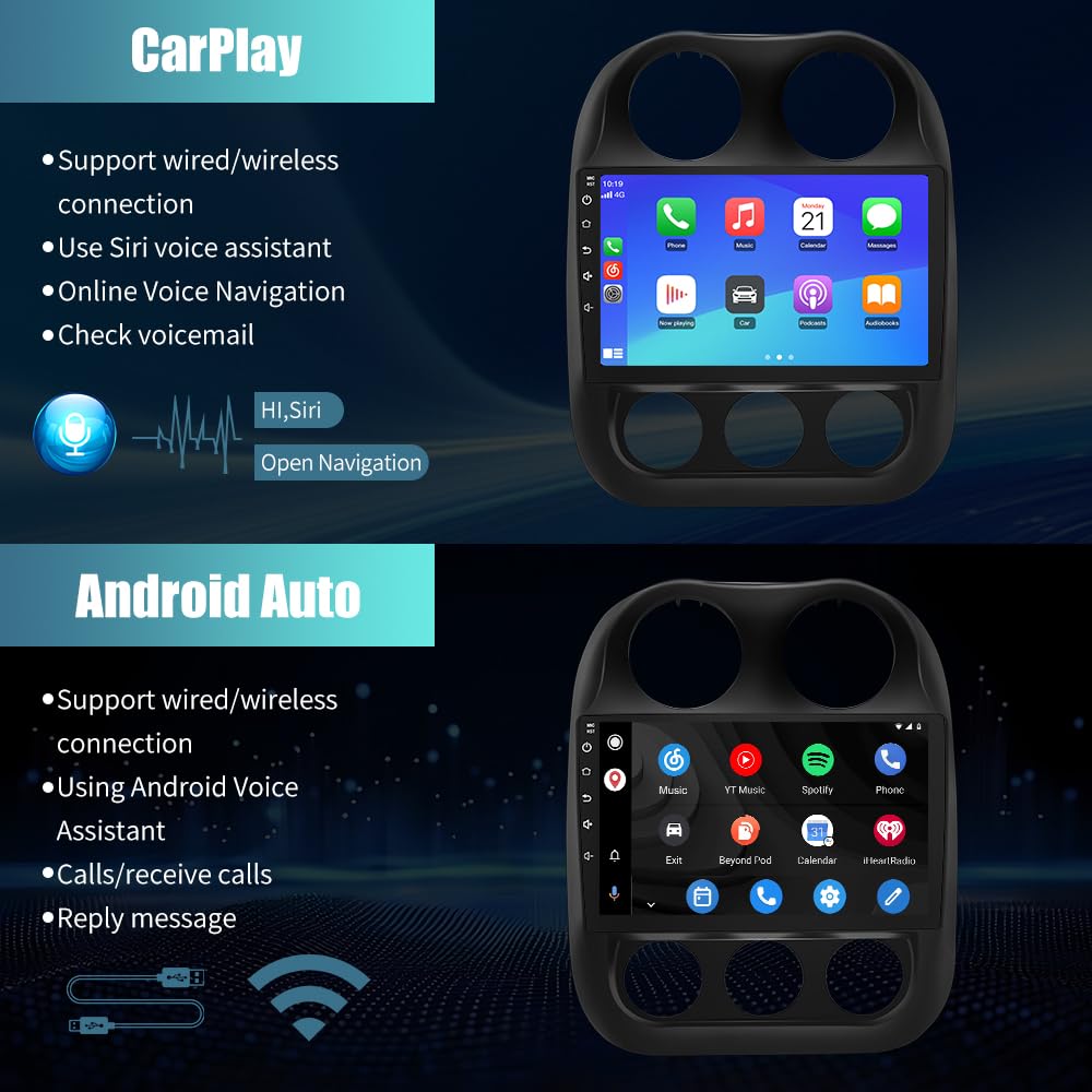 Car Radio for Jeep Compass Patriot 2010-2016, 10.1 inch Touch Screen Android 13 2G RAM 64G ROM Carplay/Android Auto/Mirror Link/SWC/Bluetooth/WiFi AHD Backup Camera