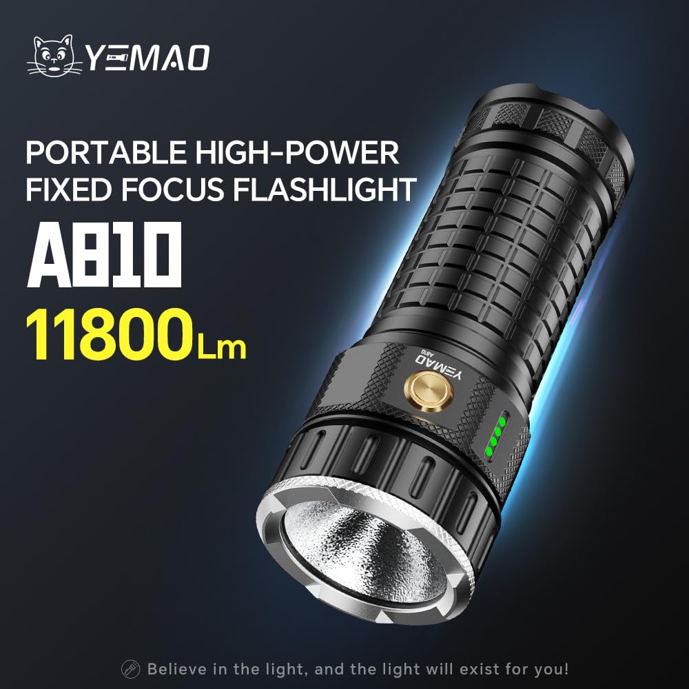 Yemao Rechargeable Flashlights 11800 High Lumens, Brightest Flashlight, Super Bright LED Flashlight Type C Charged, 5 Modes Long Lasting 60 Hours, for Emergencies, Camping, Outdoor, Caving