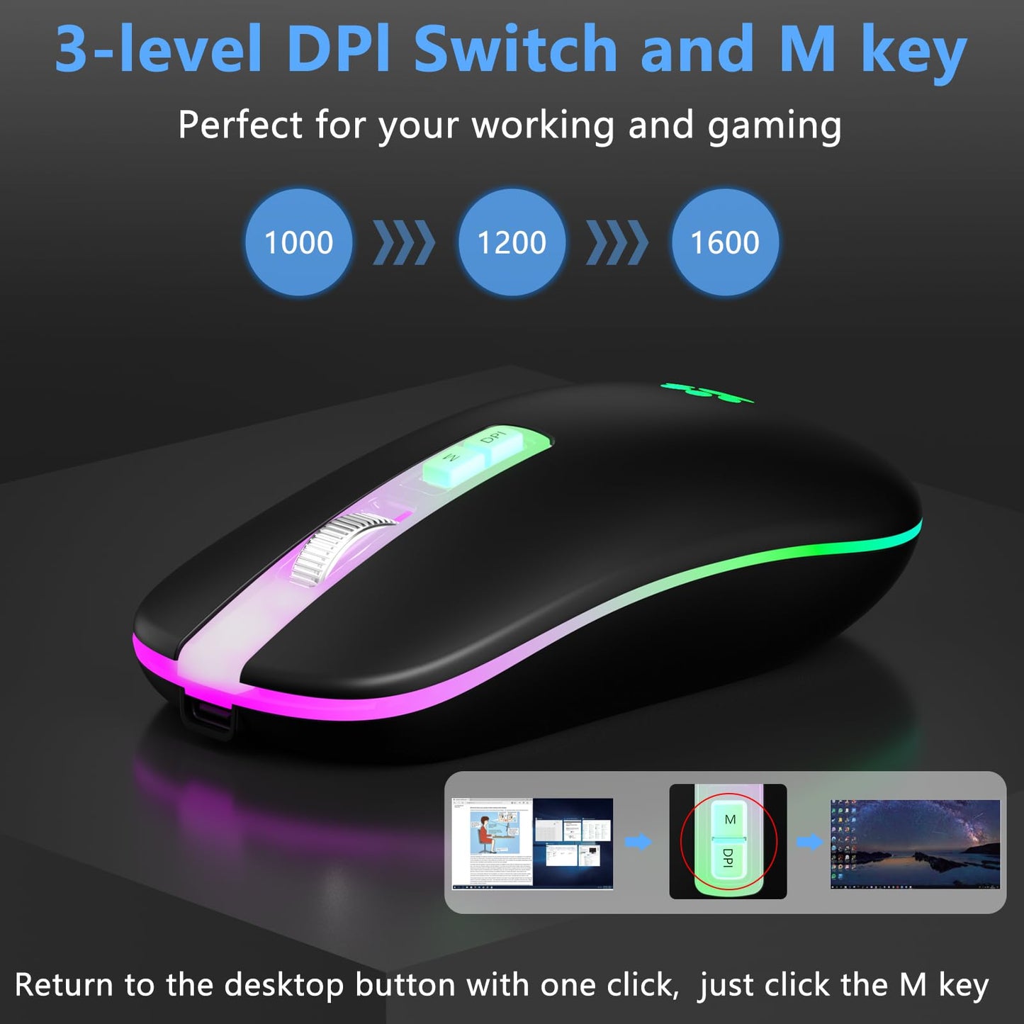 KARFUN Wireless Mouse, Backlit LED Portable Slim Computer Mouse for Laptop, PC, Computer, MacBook, iPad, Chromebook, Notebook, 2.4G Rechargeable Wireless Mouse (Black) (Black-Transparent Nose)